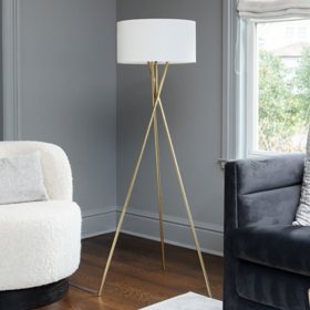 LAMPz® 58in Tripod Floor Lamp with White Linen Shade, Black or Brass