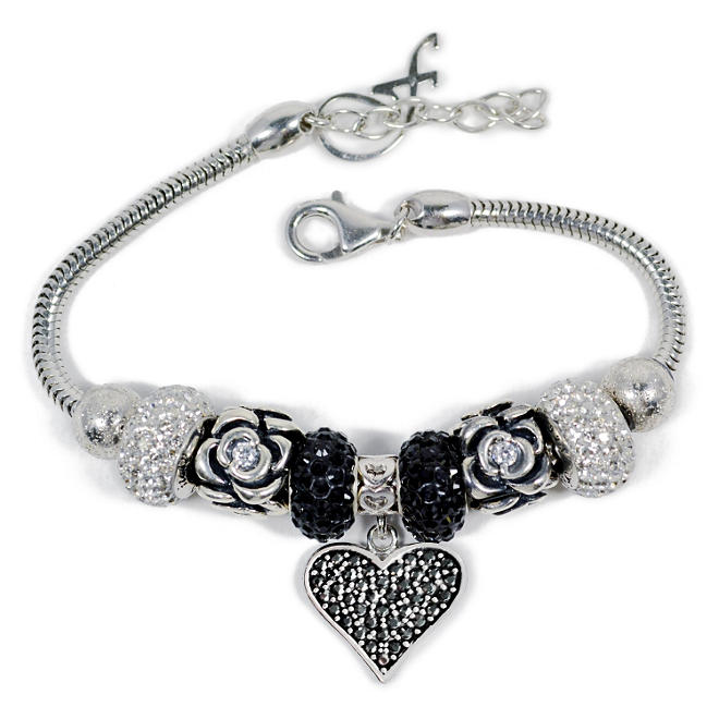 Black/White Swarovski Elements Heart Dangle Bracelet