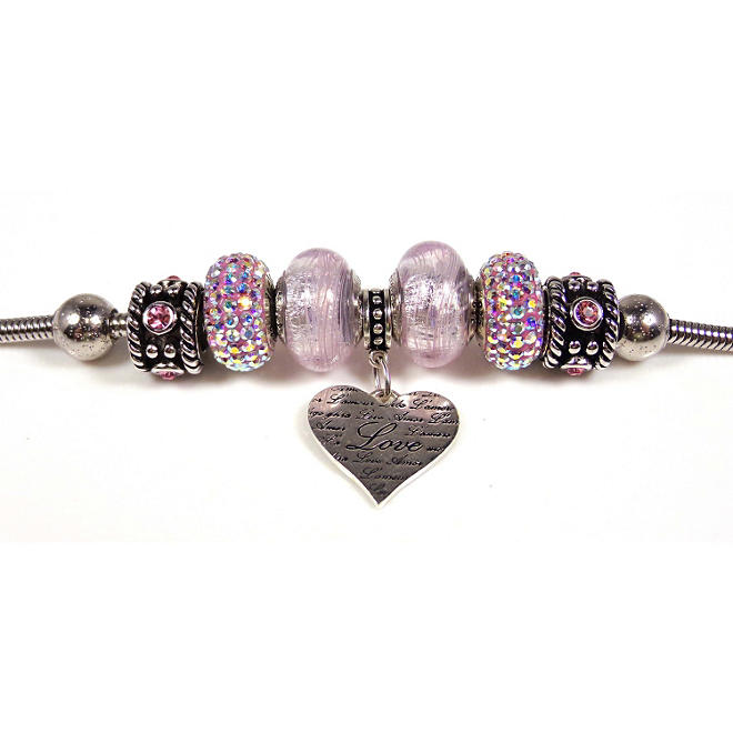 Love Heart Dangle Bracelet with Murano Glass Beads in Sterling Silver (IGI Appraisal Value: $185)