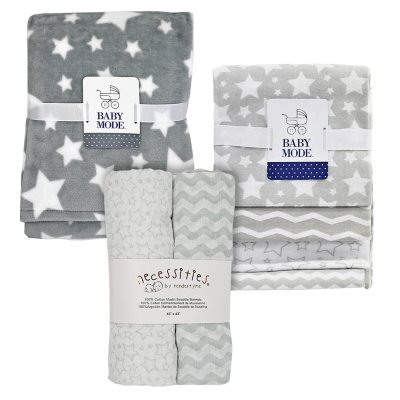 Stars 7-Piece Baby Blanket, Swaddler and Receiving Blanket Bundle (Gray & White)