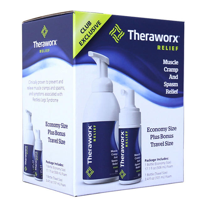 Theraworx Relief Fast-Acting Foam for Leg Cramps, Foot Cramps and Muscle Soreness (17.1 oz. Pump, & 3.4 oz. Travel) 