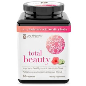 Youtheory Total Beauty Hyaluronic Acid, Keratin & Biotin Capsules 90 ct.