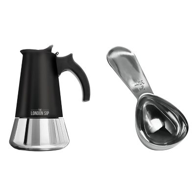 The London Sip LSK004-S Silver Espresso Maker and Coffee Spoon Bundle