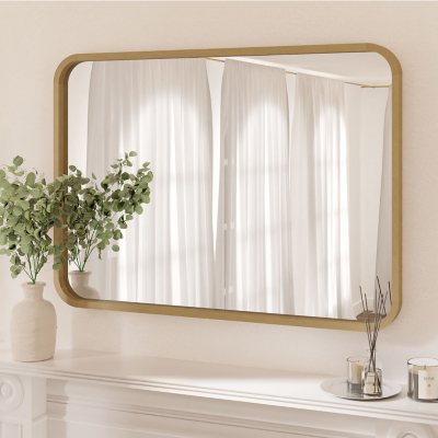 WallBeyond 30" x 42" Round Corner Wall Mirror, Natural Wood