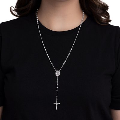 925 Italian Sterling Silver Diamond Cut Rosary Necklace 25