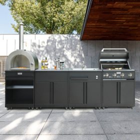 Thor Kitchen 4-Piece Modular Outdoor Kitchen Island, Liquid Propane BBQ with Wood Fuel Pizza Oven, Sink & Service Cart - Black 
