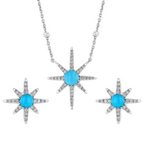 Cabochon Cut Turquoise & 0.25 CT. T.W. Diamond Starburst Earrings And Necklace Set