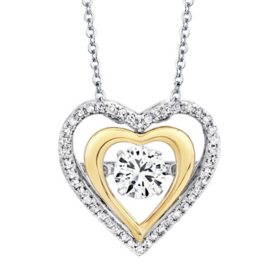 Round Cut Lab Created White Sapphire & Diamond Heart Dancing Pendant Necklace in 14K Gold & Sterling Silver