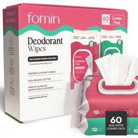 Fomin Deodorant Wipes, Patchouli Blossom and Coastal Breeze, 60 pk.