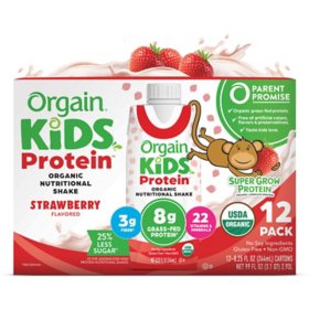 Orgain Kids 8g Grass-Fed Protein Organic Nutritional Shake, Strawberry 8.25 fl. oz., 12 pk.