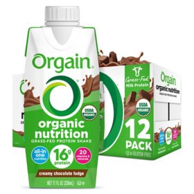 Orgain Organic Nutrition 16g Grass-Fed Protein Shake, Creamy Chocolate Fudge, 11 fl. oz., 12 pk.	