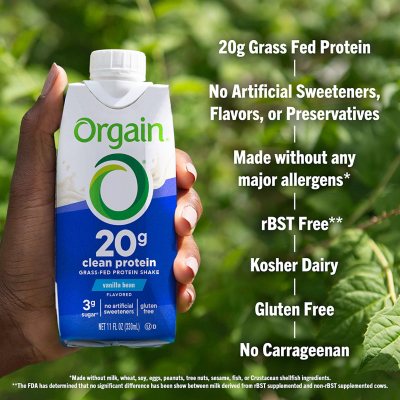Orgain Clean Protein Shake, Grass Fed, Vanilla Bean, 11 fl oz, 18 ct