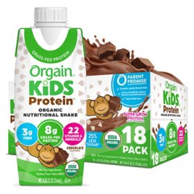 Orgain Kids Organic Grass Fed 8g Protein Nutritional Shake Chocolate, 18 ct.