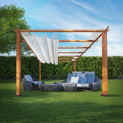 Paragon Outdoor 11′ x 11′ Florence Aluminum Pergola in Canadian Cedar Finish with Off-White Canopy