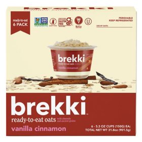 Brekki Ready-to-Eat Oats, Vanilla Cinnamon, 5.3 oz., 6 pk.
