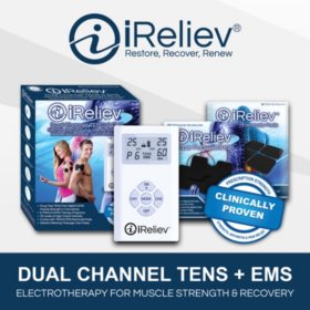 iReliev Dual Channel TENS + EMS System with Electrode Pads 2 sizes