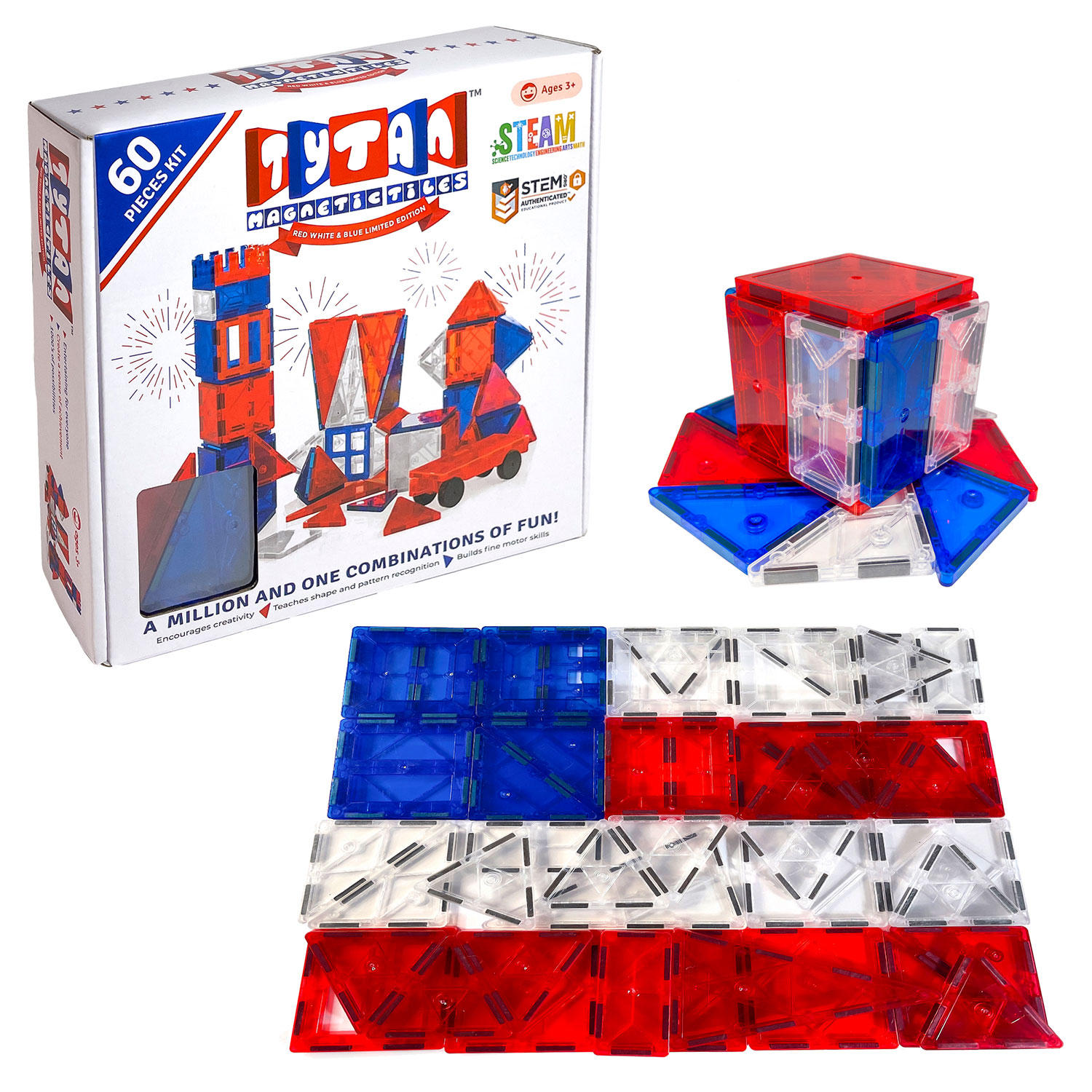 Tytan Magnetic 60 Pieces 4th Of July Red White Blue Learning Tiles