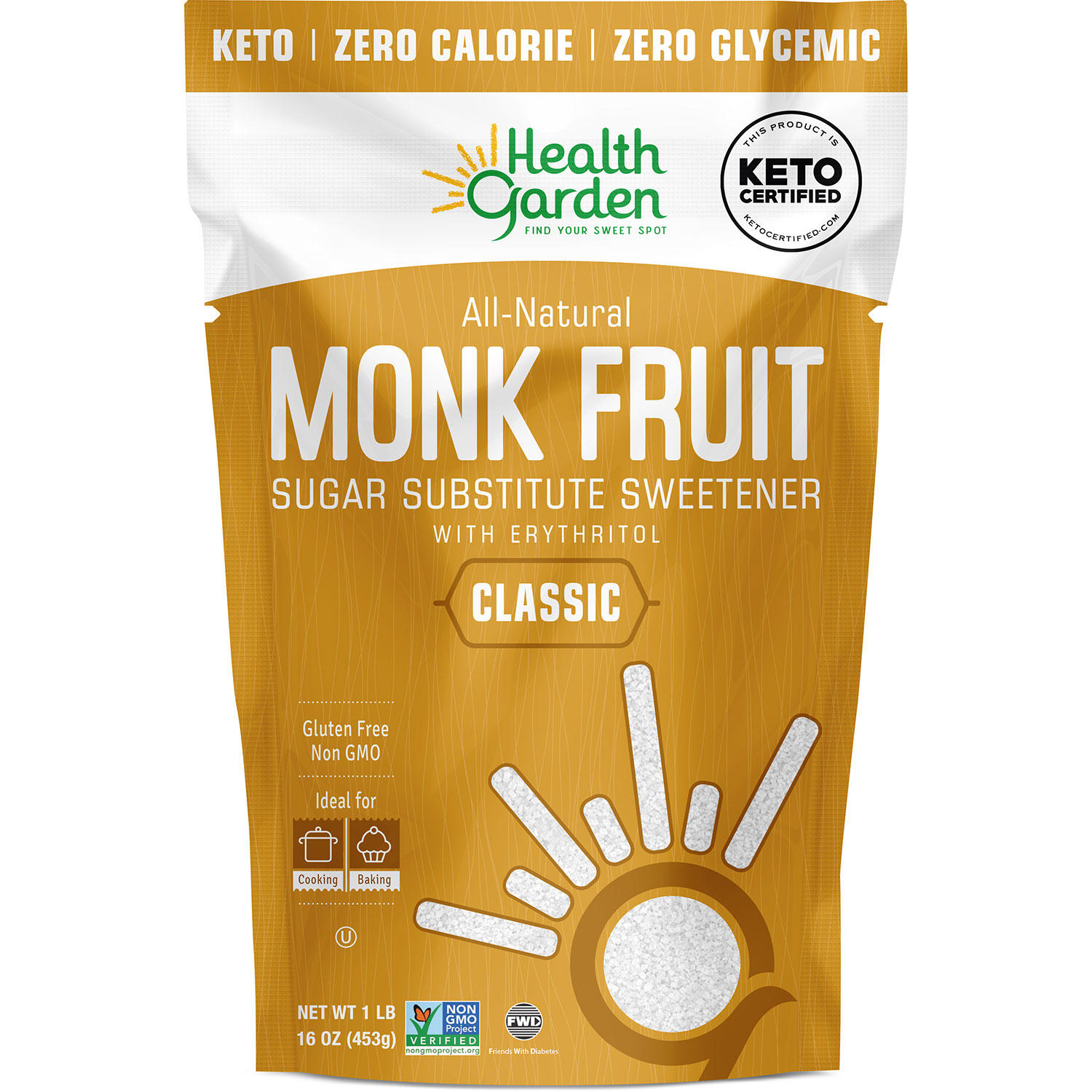 Health Garden Monk Fruit Sweetener, Classic- Non GMO – Gluten Free – Sugar Substitute – Kosher – Keto Friendly (1 lb)