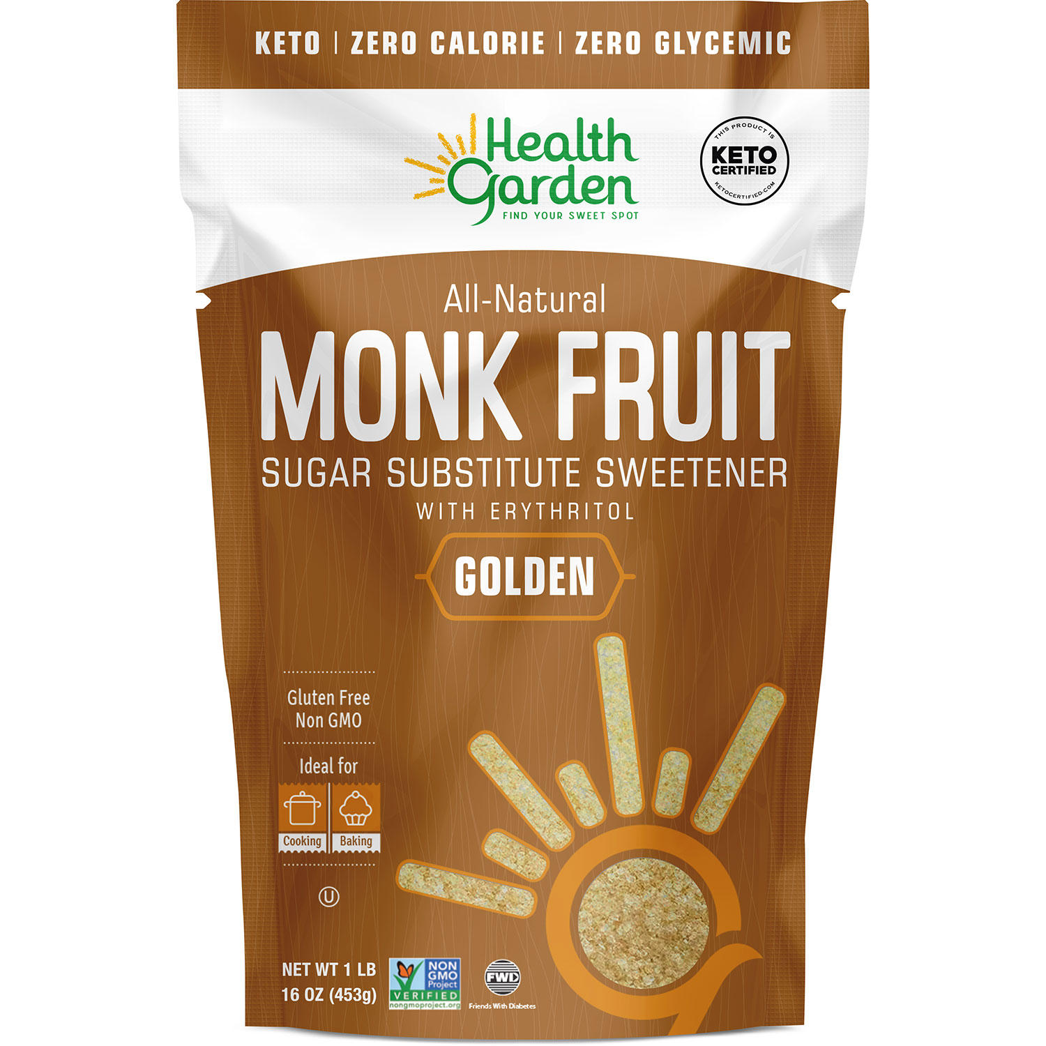 Health Garden Monk Fruit Sweetener, Golden- Non GMO – Gluten Free – Sugar Substitute – Kosher – Keto Friendly (1 lb)