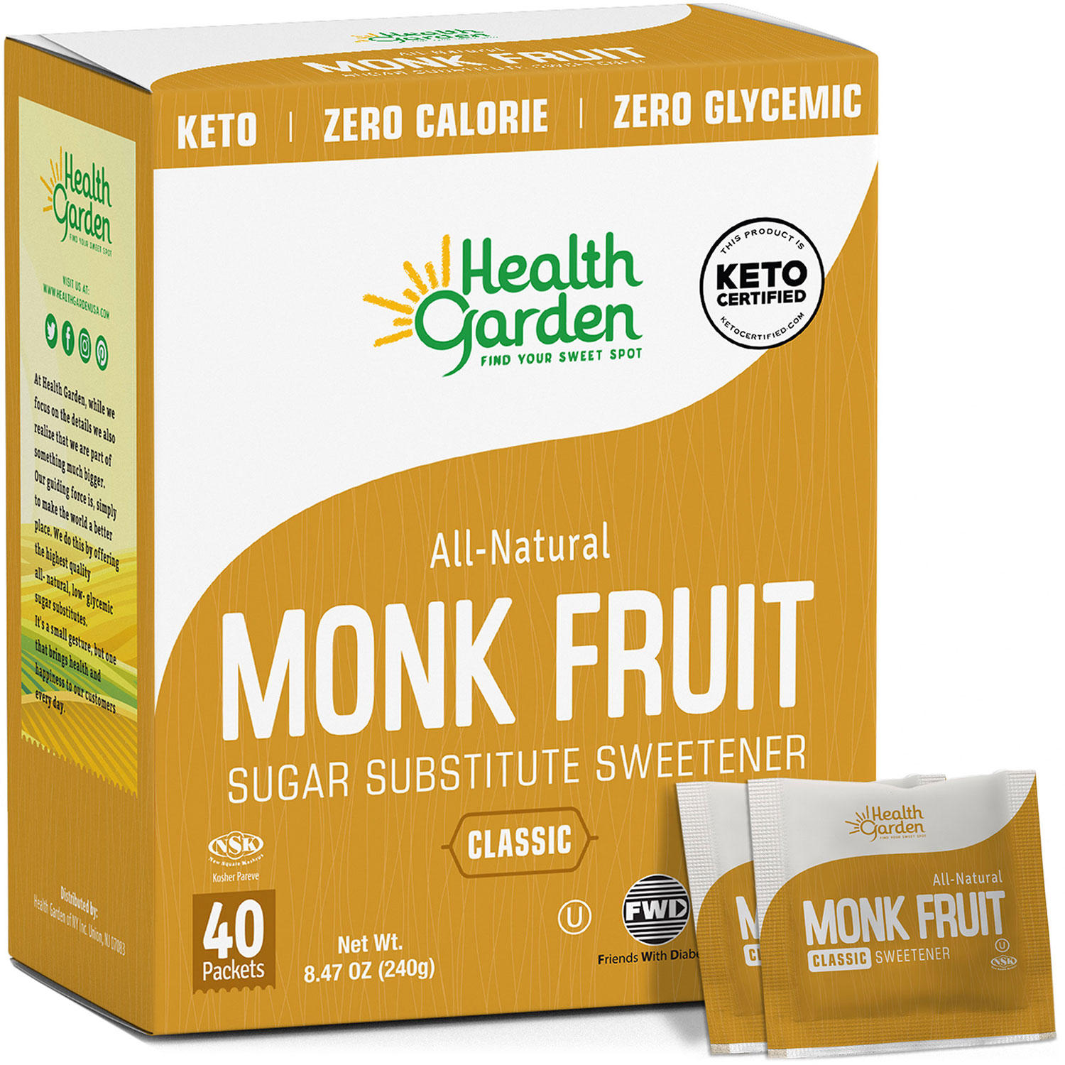 Health Garden Classic All-Natural Monk Fruit Sweetener, 40 pack, 8.47 Oz