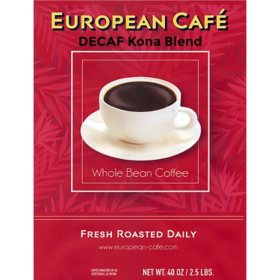 European Café Decaf Medium Roast Whole Bean, Kona Blend, 40 oz.