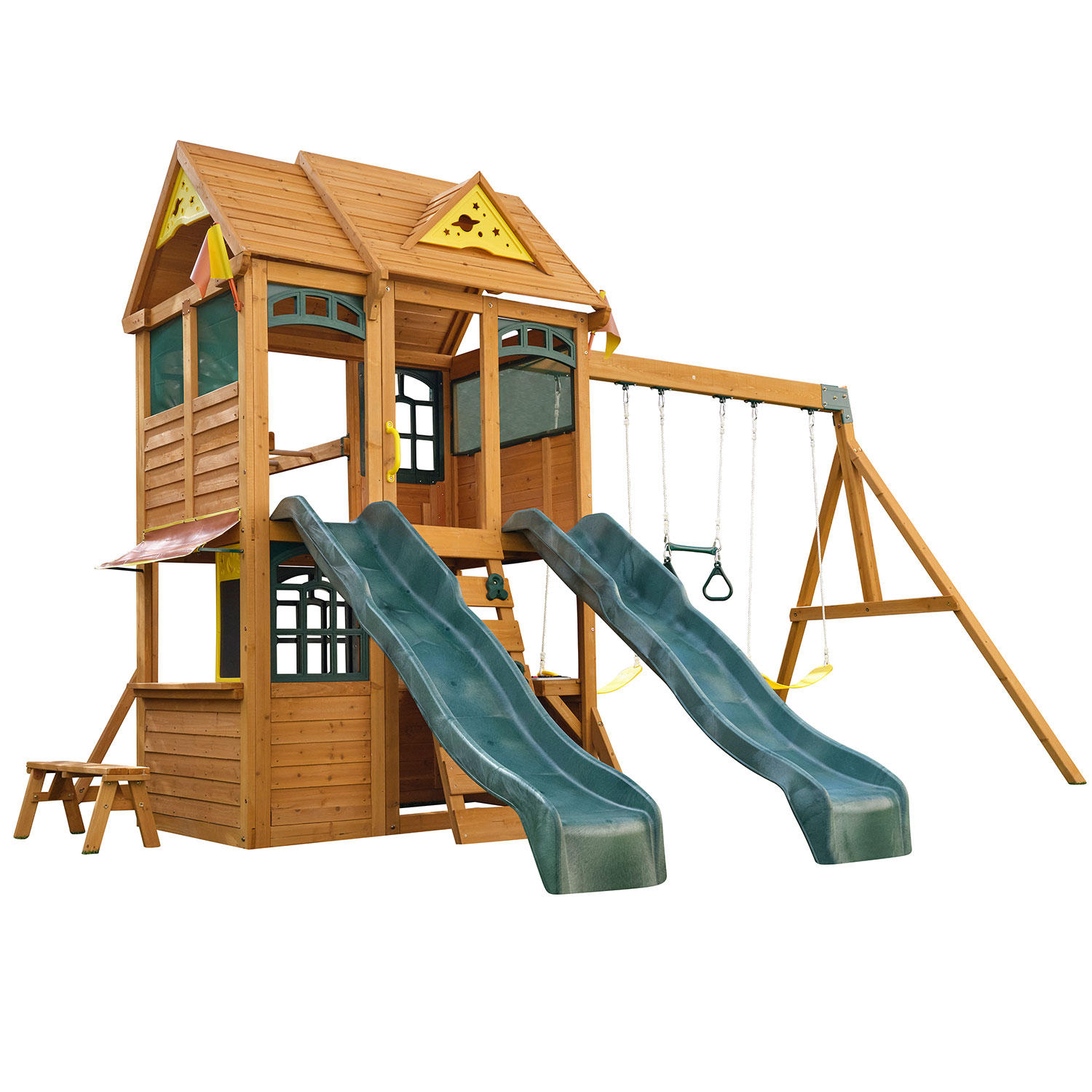 KidKraft Overland Heights Wooden Swing Set with 2 Slides, Monkey Bar and 3 Swings
