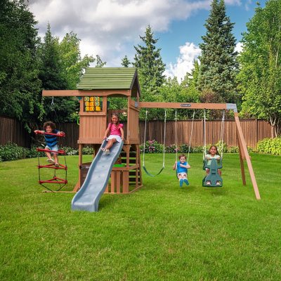 KidKraft Summerside Wooden Outdoor Swing Set with Steeple Climber