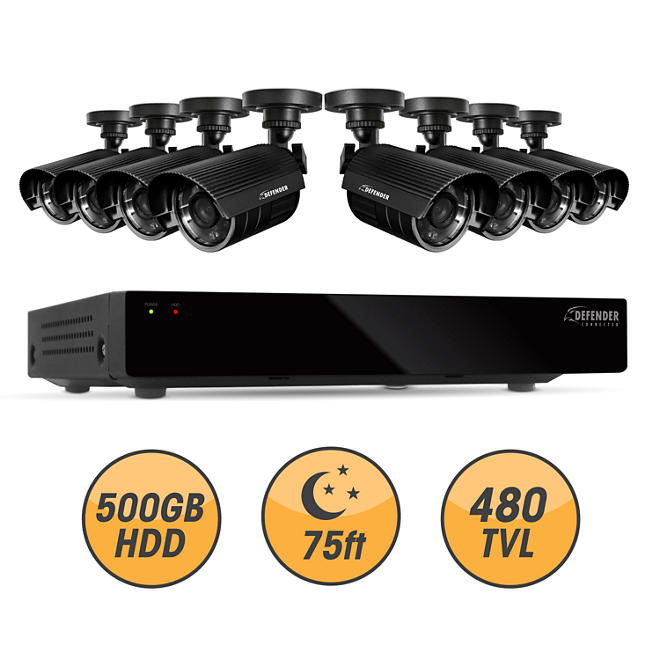 Defender Connected 8Ch 500GB DVR with 8 x 480TVL 75ft Night Vision Indoor/Outdoor Surveillance Cameras
