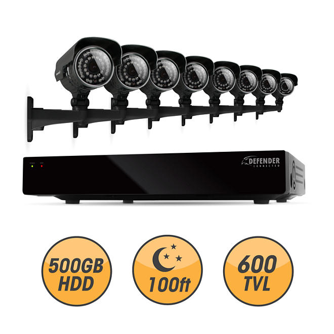 Defender 8 Channel Security System with 500GB Hard Drive, and 8 600TVL 100' Night Vision Indoor / Outdoor Cameras