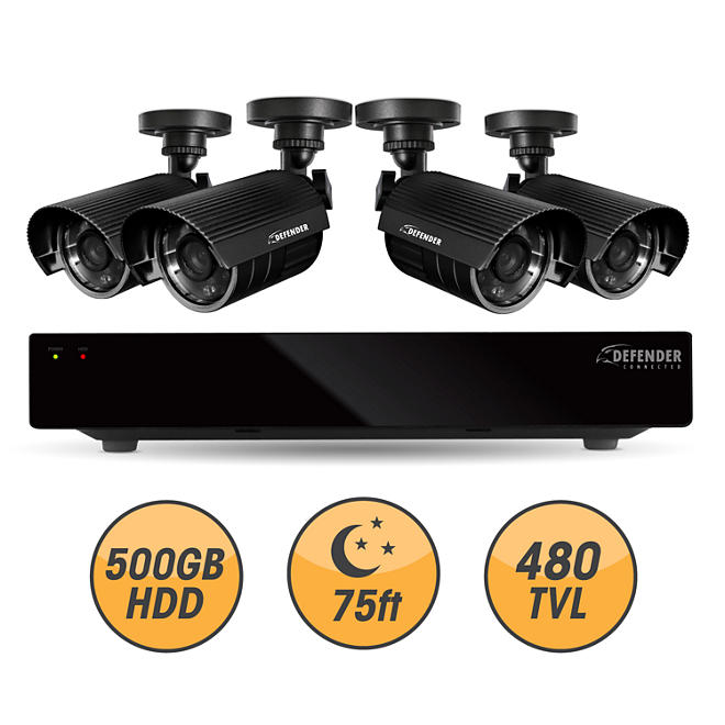 Defender Connected 8Ch 500GB DVR with 4 x 480TVL 75ft Night Vision Indoor/Outdoor Surveillance Cameras