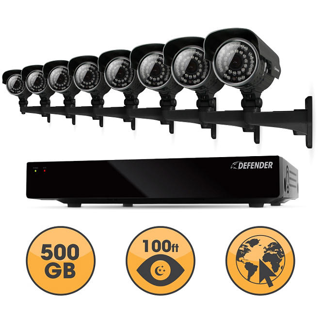Defender 16 Channel Security System with 500GB Hard Drive, 8 600TVL High-Res Outdoor Cameras, 100' Night Vision