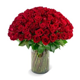 Member's Mark 40cm Rose Bouquet + Vase, 100 Stems (Choose Color Variety)