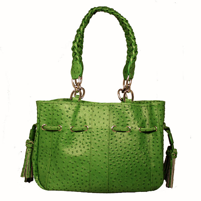 Isabella Adams Ostrich Embossed Leather Drawstring Tote Bag - Green