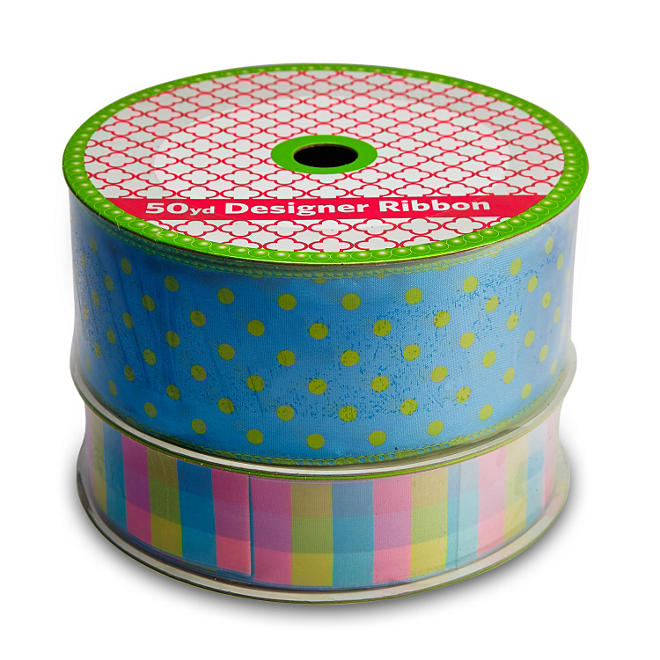 2 Pack Wired Ribbon - Turquoise & Lime Polka Dot and Blue, Pink & Lime Plaid (50 yds. each)