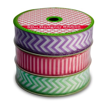 3 Pack Wired Ribbon - Purple Chevron, Mint Chevron and Fuchsia Stripe ...