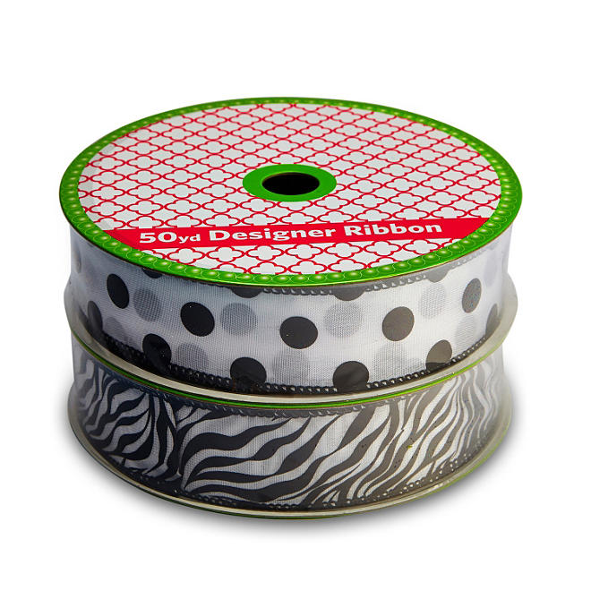 2 Pack Wired Ribbon - Zebra Stripe and Polka Dots (50 yds. each)