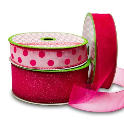 3 Pack Wired Ribbon - Fuchsia Satin, Pink with Fuchsia Polka