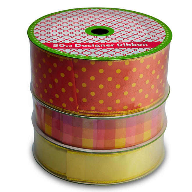 3 Pack Wired Ribbon - Orange with Yellow Polka Dots, Orange Plaid and Yellow (50 yds. each)