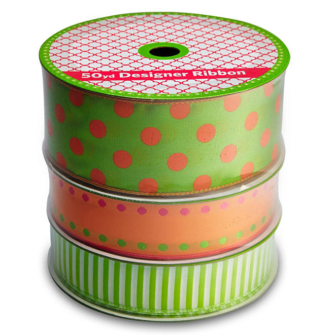 3 Pack Wired Ribbon - Lime and Orange Polka Dot, Woven Orange with Dot Edges and Green Stripe (50 yds. each)