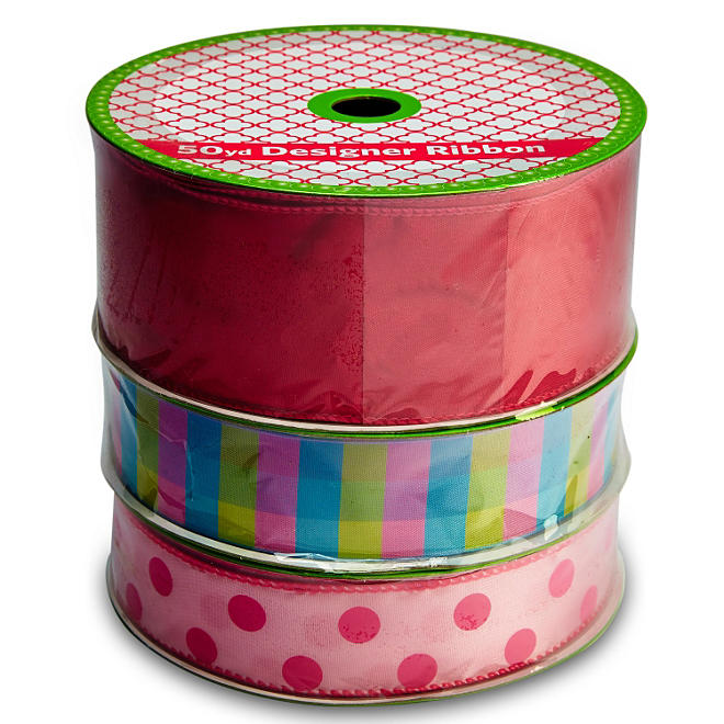 3 Pack Wired Ribbon - Fuchsia Satin, Blue Plaid and Pink with Fuchsia Polka Dots (50 yds. each)