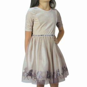 Zunie Girl Velvet Elbow Sleeve Glitter Border Dress