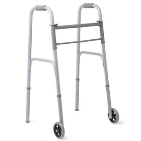 Medline Adjustable Easy Care Two-Button Folding Walker With 5" Wheels, Gray