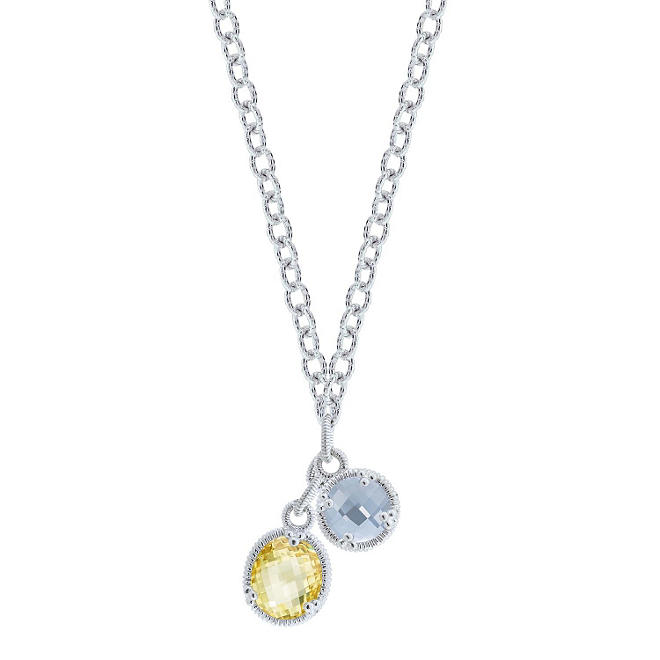 Judith Ripka Two Stone Drop Necklace with Blue Quartz and Canary Crystal