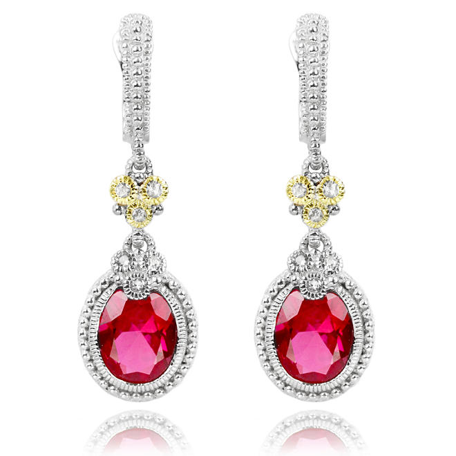 Judith Ripka Three Stone Estate Lab-Created Red Corundum and White Sapphire Earrings in Sterling Silver and 18K Yellow Gold 