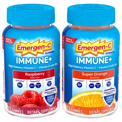 Emergen-C Immune+ Triple Action Gummies, Raspberry and Super Orange 45 ...