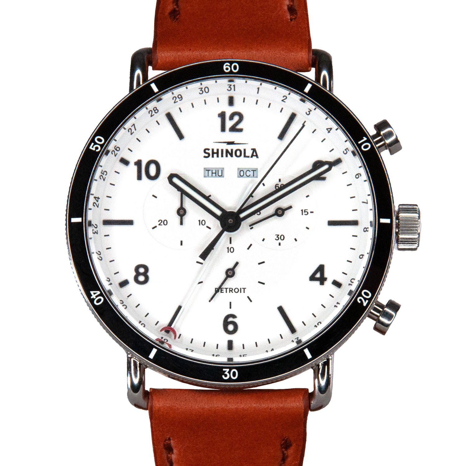 Shinola Canfield Sport 45MM Chronograph Watch, White Dial, Bourbon Leather Band