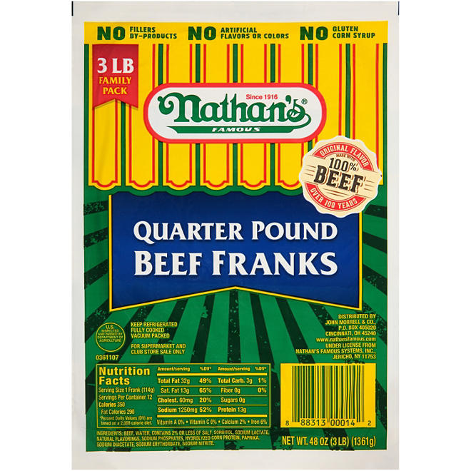 Nathan's Famous Quarter-Pound Beef Franks (12 ct., 3 lbs.)