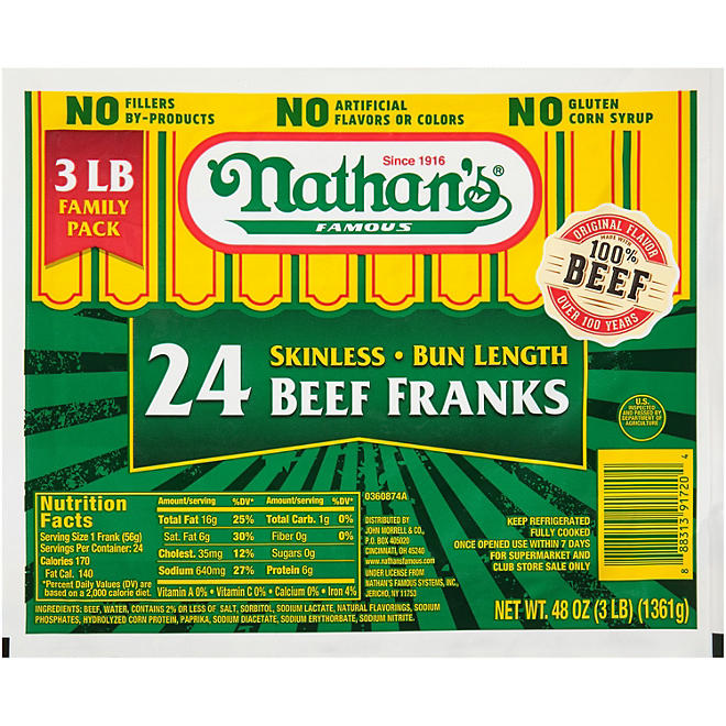 Nathan's Famous Bun Length All Beef Hot Dogs 24 pk.
