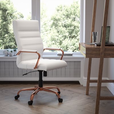 Flash Furniture Whitney High Back White LeatherSoft Executive Swivel Office Chair with Rose Gold Frame and Arms