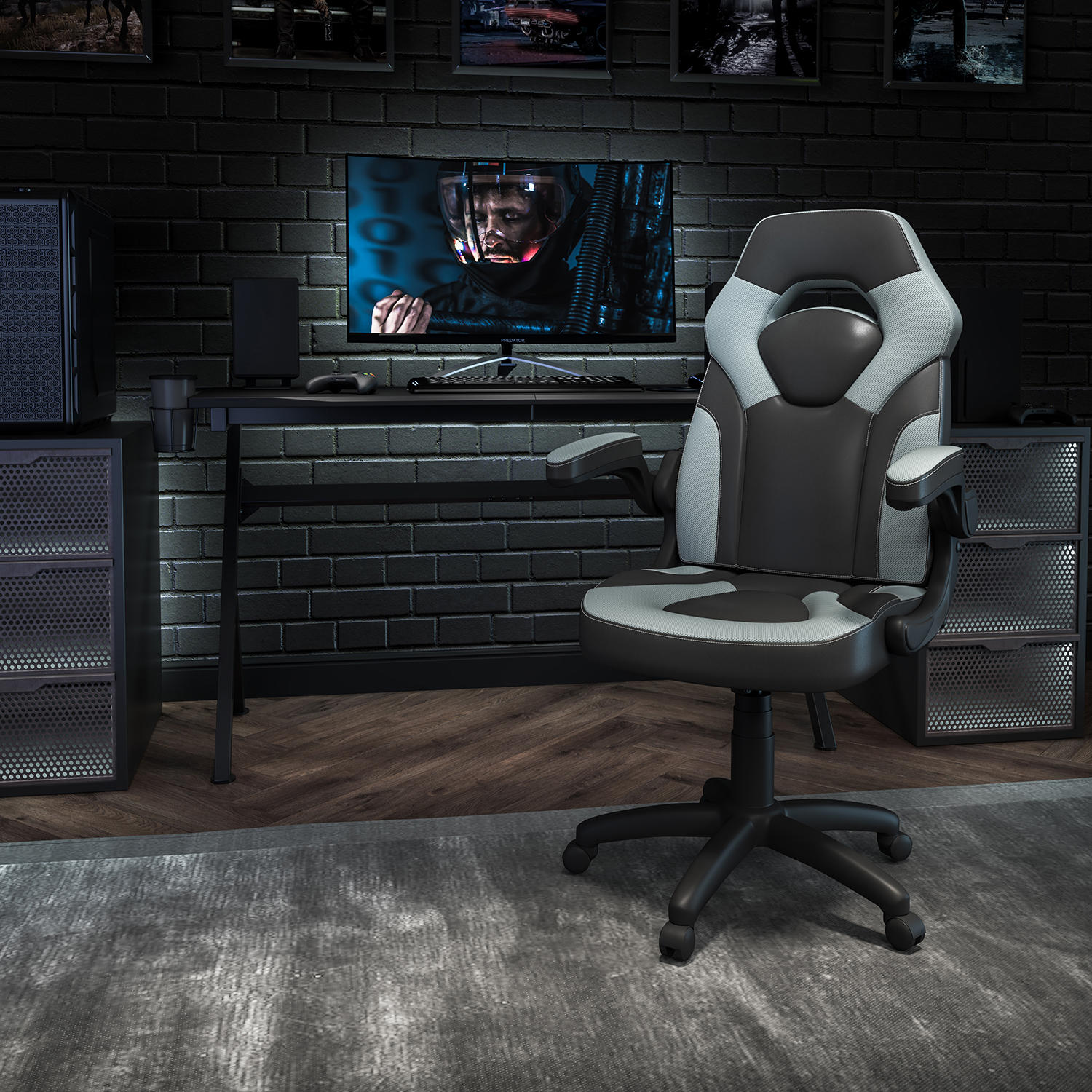 X10 Gaming Chair Racing Office Ergonomic Computer PC Adjustable Swivel Chair with Flip-up Arms, Gray/Black LeatherSoft